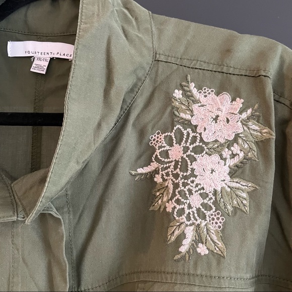 Lightweight olive green jacket with floral embroidery. - Picture 2 of 2